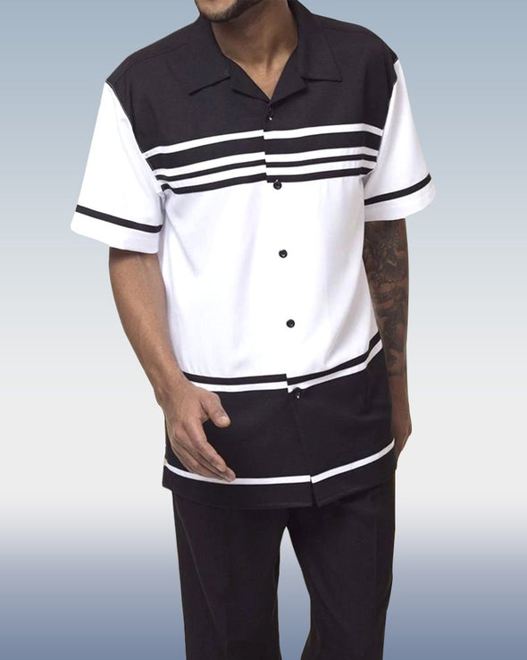 Horizontal Stripe Two-Piece Short Sleeve Printed Walking Pants