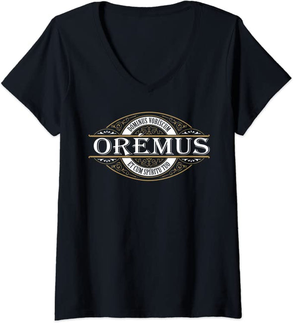 Womens Traditional Latin Mass Oremus Dominus Vobiscum Catholic V-Neck T-Shirt