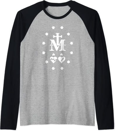 Miraculous Medal Gift Immaculate Heart Mary Catholic Marian Raglan Baseball Tee