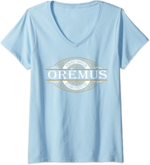 Womens Traditional Latin Mass Oremus Dominus Vobiscum Catholic V-Neck T-Shirt