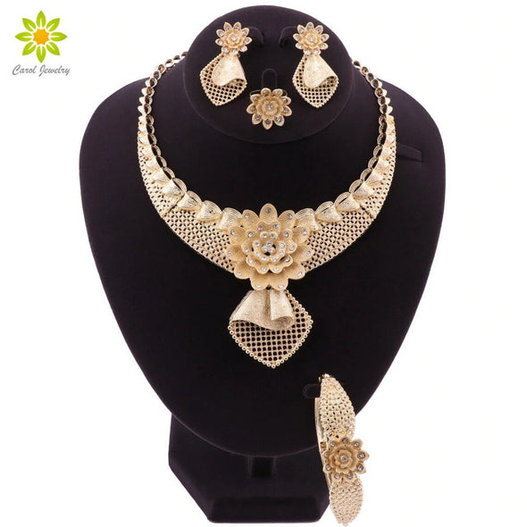 Elegant Gold color Jewelry Sets for Women Necklace Earrings Bracelet Ring Set Women African Beads Indian Bridal Jewelry Sets