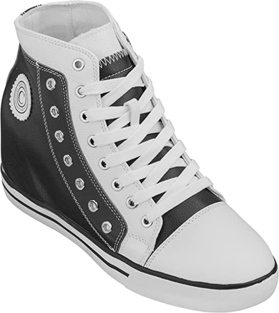 Men's Invisible Height Increasing Elevator Shoes - Black/White Leather Cap-Toe Lace-up High-top Sneakers