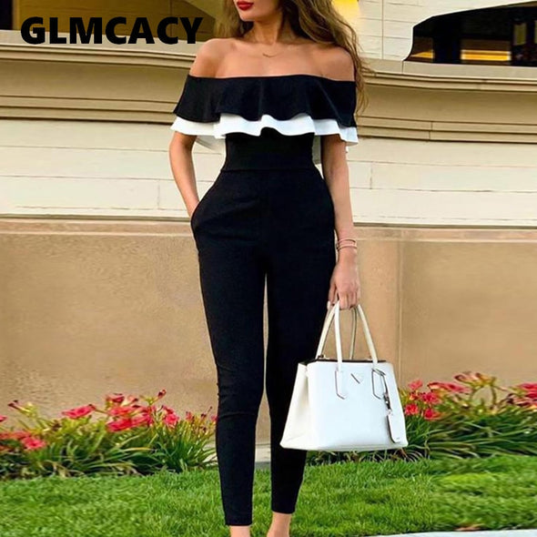 Women Off Shoulder Colorblock Ruffles Bodycon Jumpsuit Skinny Streetwear Office Ladies Slim Fit Black Jumpsuits