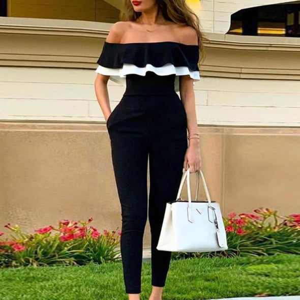 Women Off Shoulder Colorblock Ruffles Bodycon Jumpsuit Skinny Streetwear Office Ladies Slim Fit Black Jumpsuits
