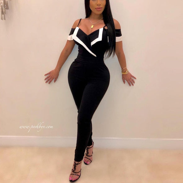 Women Spaghetti Strap Off Shoulder Jumpsuit Elegant Color Block Bodycon Long Overalls Jumpsuit Summer Fall Streetwear Clubwear