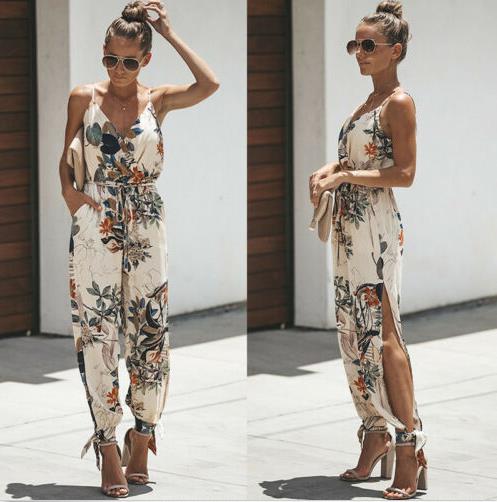 Women Casual Floral Strap Sleeveless V Neck Jumpsuit Romper Bodysuit Female Ladies Fashion Streetwear Woman Summer Clothes 2019