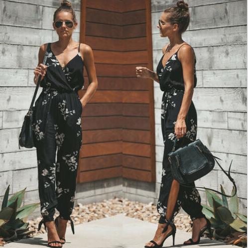 Women Casual Floral Strap Sleeveless V Neck Jumpsuit Romper Bodysuit Female Ladies Fashion Streetwear Woman Summer Clothes 2019