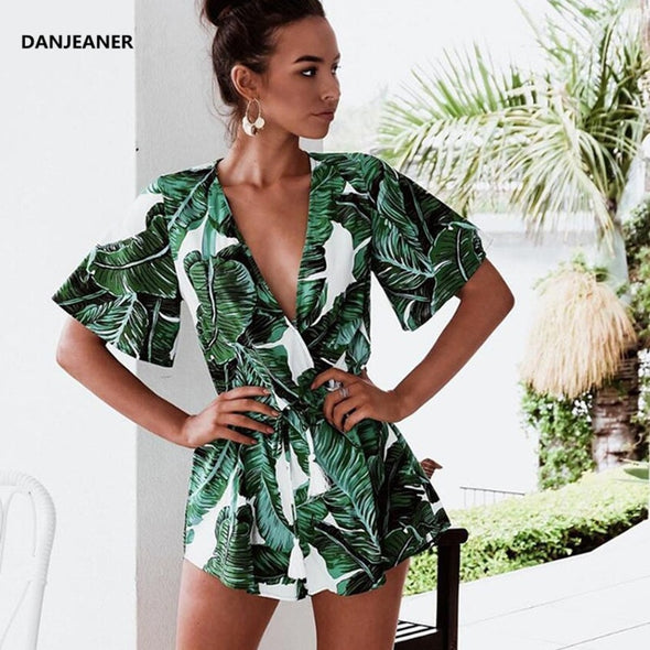 DANJEANER Flare Sleeve Floral Print Romper with Belt Women Summer Beach V Neck Sexy Jumpsuit Short Overalls Casual Boho Bodysuit