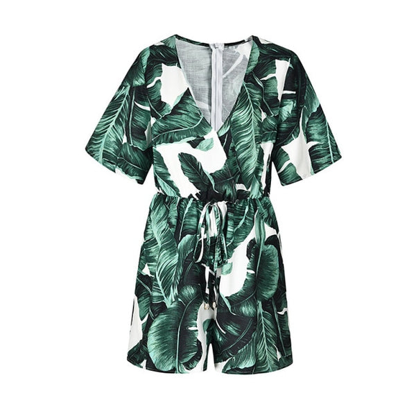 DANJEANER Flare Sleeve Floral Print Romper with Belt Women Summer Beach V Neck Sexy Jumpsuit Short Overalls Casual Boho Bodysuit