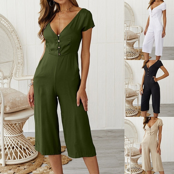 Summer Women Casual Jumpsuits Short-sleeved Deep V-neck Overalls for Women Rompers Jumpsuits OL Bodycon Short Playsuits Jumpsuit
