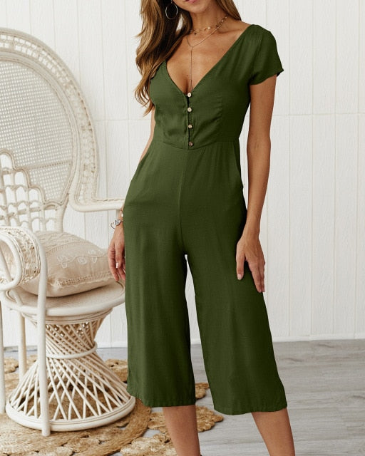Summer Women Casual Jumpsuits Short-sleeved Deep V-neck Overalls for Women Rompers Jumpsuits OL Bodycon Short Playsuits Jumpsuit