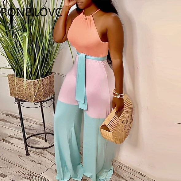 Women Sleeveless Halter Contrast Color with Sashes Jumpsuits Casual Sexy vacation Jumpsuits