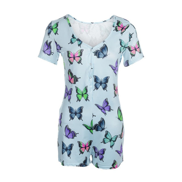 Women Sexy V-Neck Bodycon Bodysuit Casual Printed Button Sleepwear Jumpsuit Shorts Romper Leotard Sexy Ladies Summer Pajamas Hot