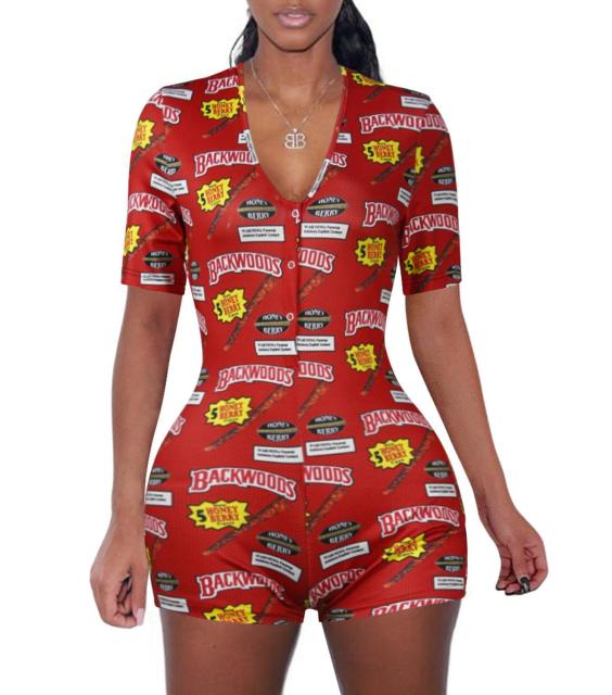 Women Sexy V-Neck Bodycon Bodysuit Casual Printed Button Sleepwear Jumpsuit Shorts Romper Leotard Sexy Ladies Summer Pajamas Hot