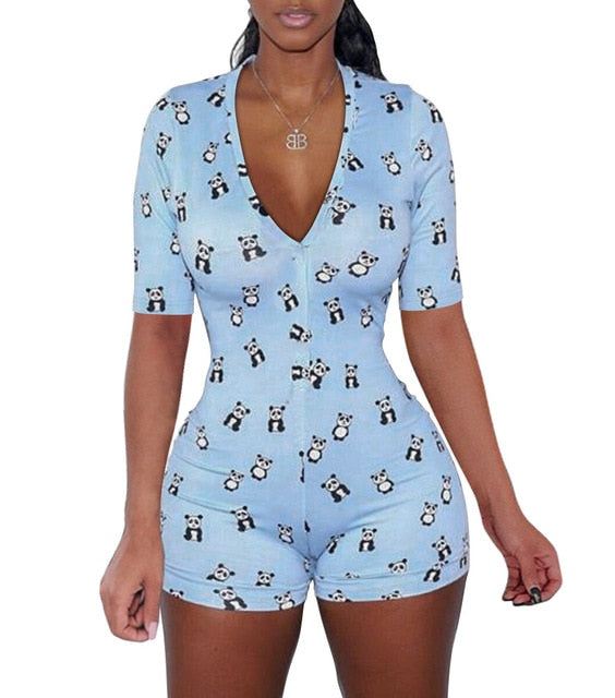 Women Sexy V-Neck Bodycon Bodysuit Casual Printed Button Sleepwear Jumpsuit Shorts Romper Leotard Sexy Ladies Summer Pajamas Hot
