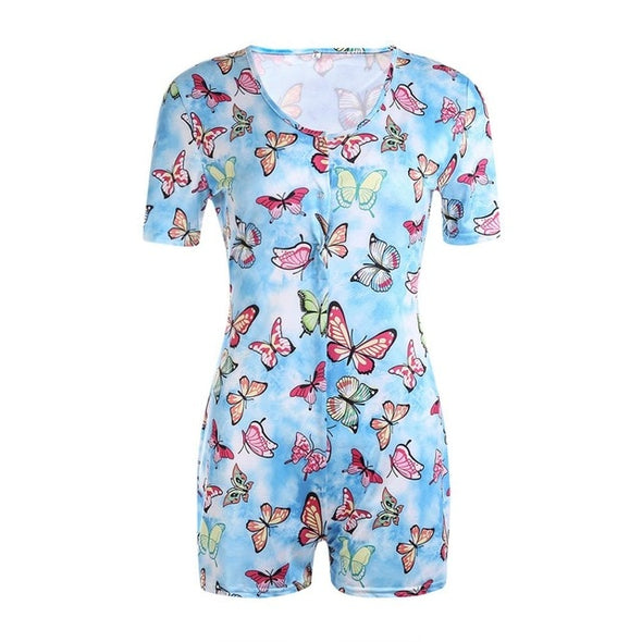 Women Sexy V-Neck Bodycon Bodysuit Casual Printed Button Sleepwear Jumpsuit Shorts Romper Leotard Sexy Ladies Summer Pajamas Hot