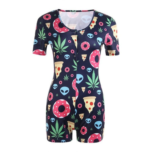 Women Sexy V-Neck Bodycon Bodysuit Casual Printed Button Sleepwear Jumpsuit Shorts Romper Leotard Sexy Ladies Summer Pajamas Hot