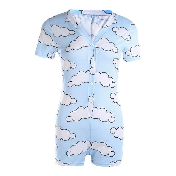 Women Sexy V-Neck Bodycon Bodysuit Casual Printed Button Sleepwear Jumpsuit Shorts Romper Leotard Sexy Ladies Summer Pajamas Hot