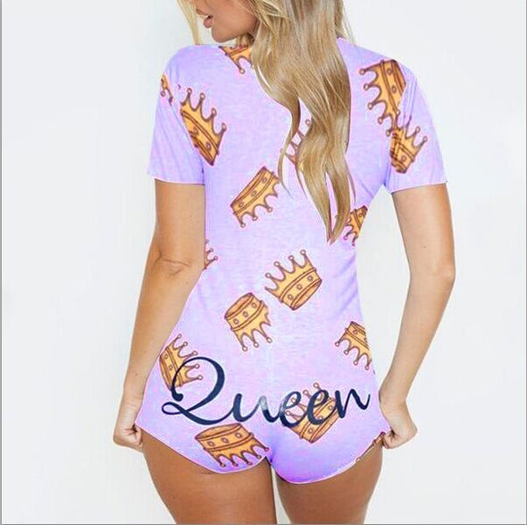 Women Sexy V-Neck Bodycon Bodysuit Casual Printed Button Sleepwear Jumpsuit Shorts Romper Leotard Sexy Ladies Summer Pajamas Hot
