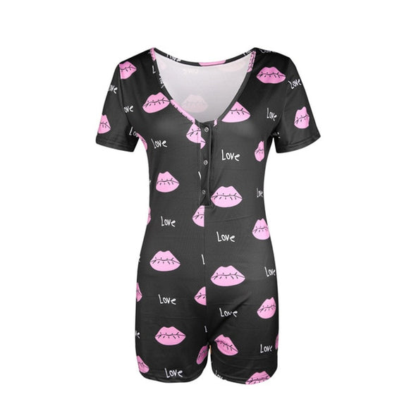 Women Sexy V-Neck Bodycon Bodysuit Casual Printed Button Sleepwear Jumpsuit Shorts Romper Leotard Sexy Ladies Summer Pajamas Hot