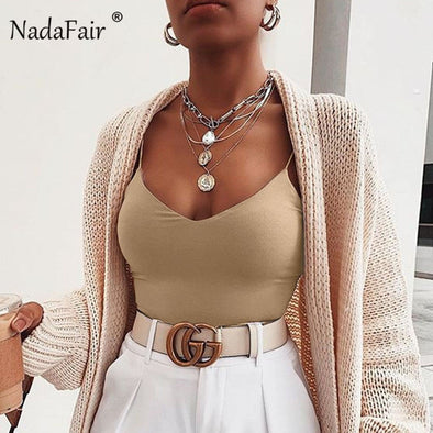 Nadafair Spgahetti Strap Sexy Bodysuit Pure Bodycon Bodysuit Women 2020 V Skinny Summer Black Top Female For Woman Basic Top