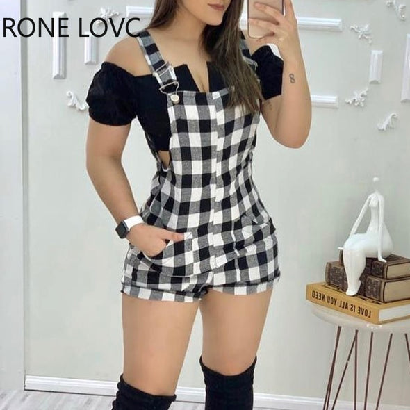 Women Gingham Print Wide Strap Romper Summer Sexy Romper