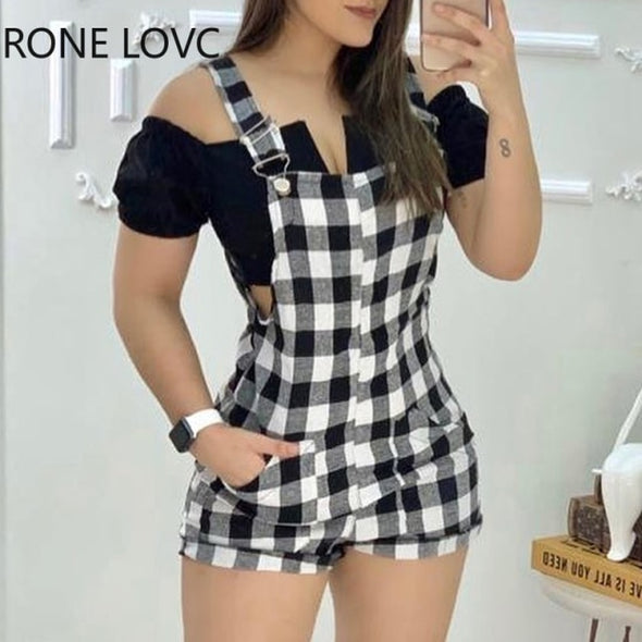 Women Gingham Print Wide Strap Romper Summer Sexy Romper