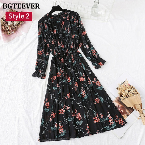 BGTEEVER Spring Stand Collar Floral Print Women Dress Lace Up Female Pleated Dress Summer Party Midi Chiffon Vestidos femme 2021
