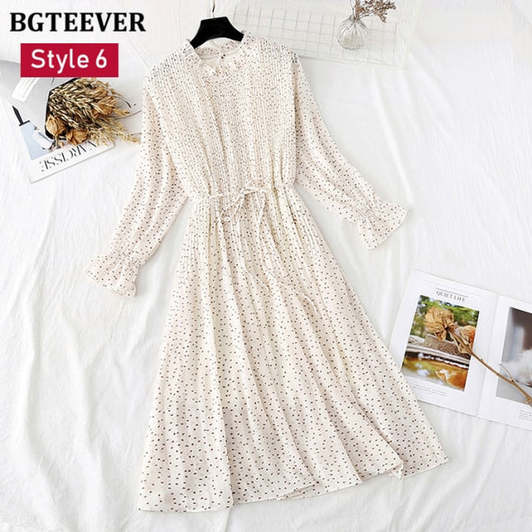 BGTEEVER Spring Stand Collar Floral Print Women Dress Lace Up Female Pleated Dress Summer Party Midi Chiffon Vestidos femme 2021