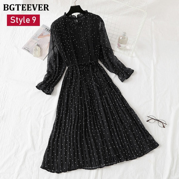 BGTEEVER Spring Stand Collar Floral Print Women Dress Lace Up Female Pleated Dress Summer Party Midi Chiffon Vestidos femme 2021