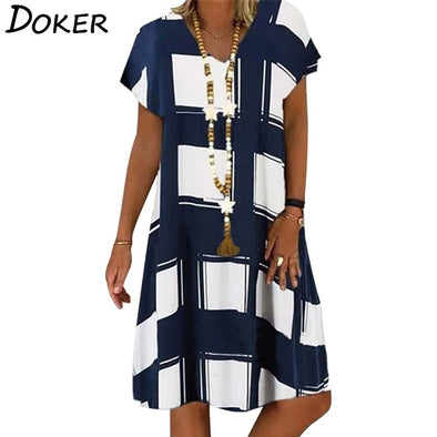 Summer Lattice Print Casual Dress Women's V-neck Short Sleeve Vintage Dresses For Women Plus Size Beach Boho Loose Midi Dress