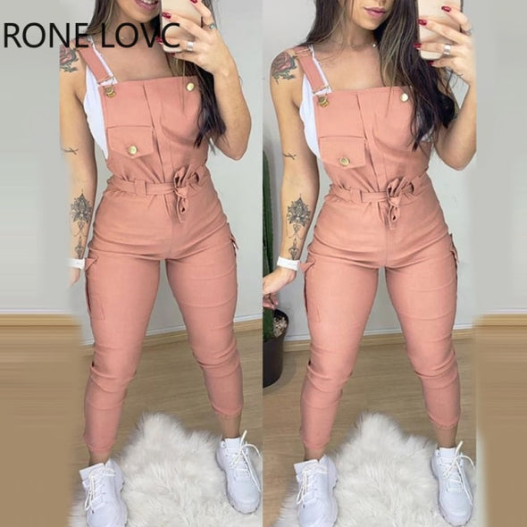 Women Buckled Pocket Design Solid Suspender Jumpsuit Bodycon Jumpsuit  One Piece Jumpsuit