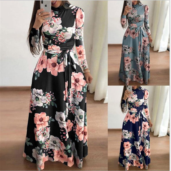 Plus size women's summer long super long dress 2020 casual long sleeve flower print dress casual high collar bandage Vestidos