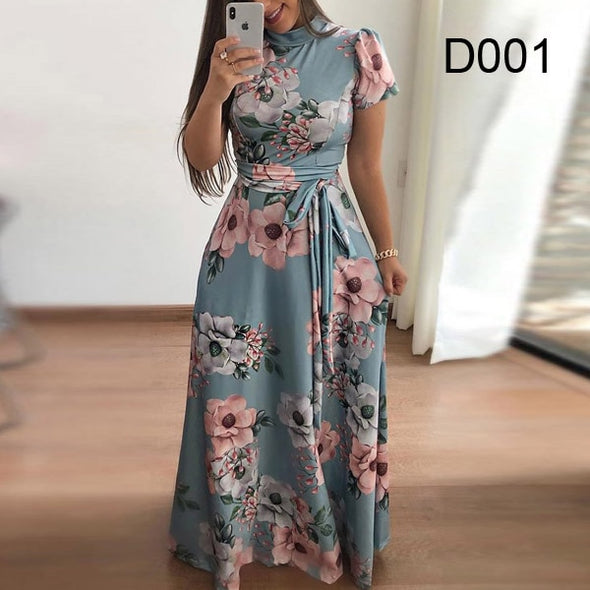 Plus size women's summer long super long dress 2020 casual long sleeve flower print dress casual high collar bandage Vestidos
