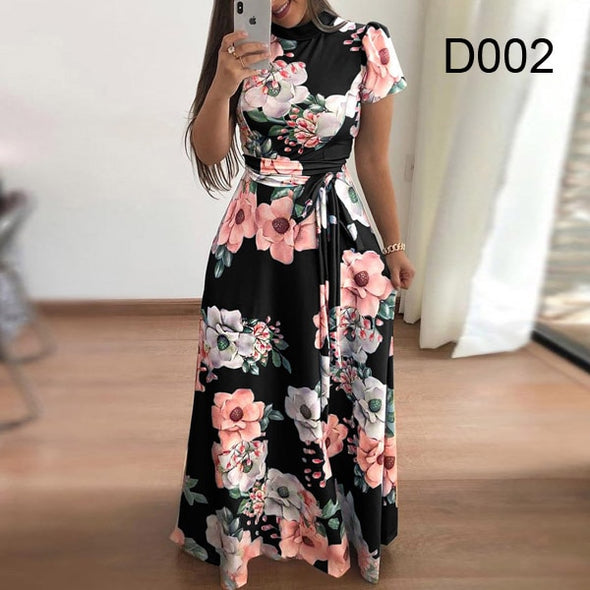 Plus size women's summer long super long dress 2020 casual long sleeve flower print dress casual high collar bandage Vestidos