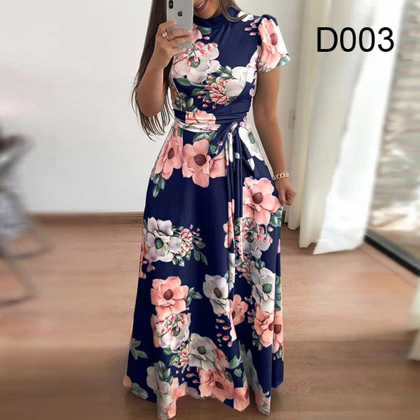 Plus size women's summer long super long dress 2020 casual long sleeve flower print dress casual high collar bandage Vestidos