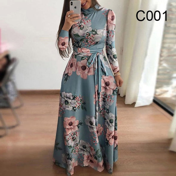 Plus size women's summer long super long dress 2020 casual long sleeve flower print dress casual high collar bandage Vestidos