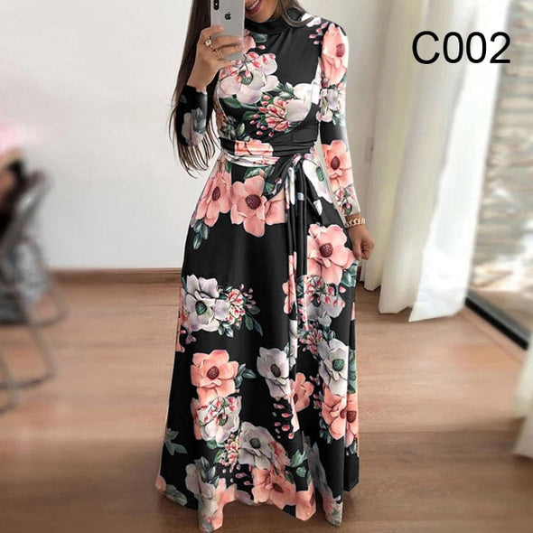 Plus size women's summer long super long dress 2020 casual long sleeve flower print dress casual high collar bandage Vestidos
