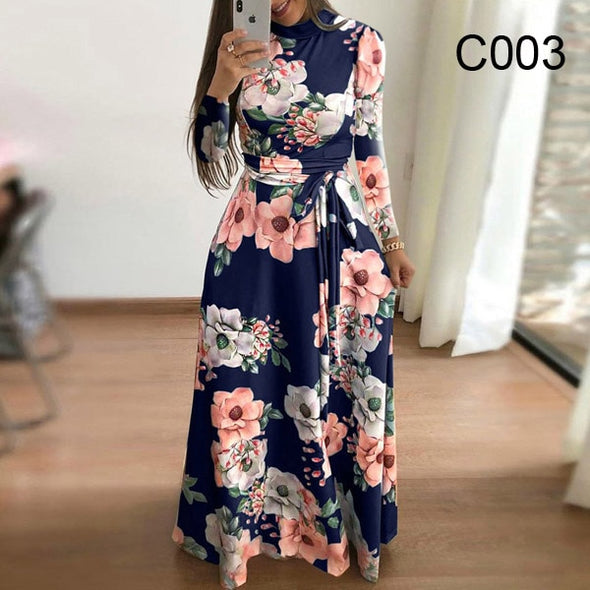 Plus size women's summer long super long dress 2020 casual long sleeve flower print dress casual high collar bandage Vestidos
