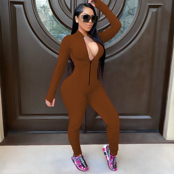 Sexy Solid Color Long Sleeve Deep V Bodycon Rompers Womens Jumpsuit Sport Suit Fashion Zip Up Long Pants Overalls Fitness Set