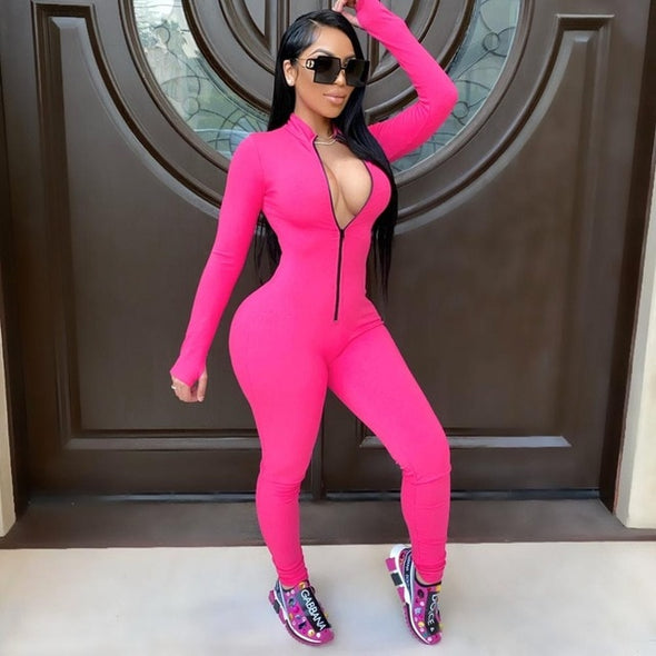 Sexy Solid Color Long Sleeve Deep V Bodycon Rompers Womens Jumpsuit Sport Suit Fashion Zip Up Long Pants Overalls Fitness Set
