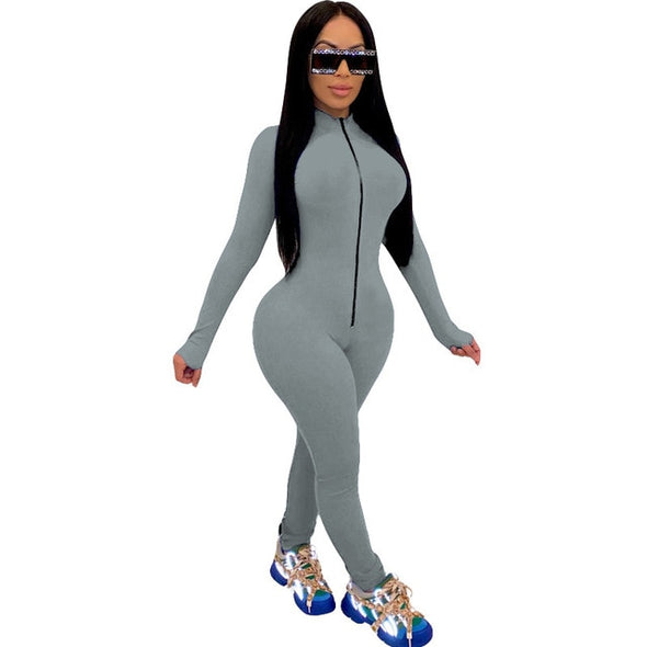 Sexy Solid Color Long Sleeve Deep V Bodycon Rompers Womens Jumpsuit Sport Suit Fashion Zip Up Long Pants Overalls Fitness Set
