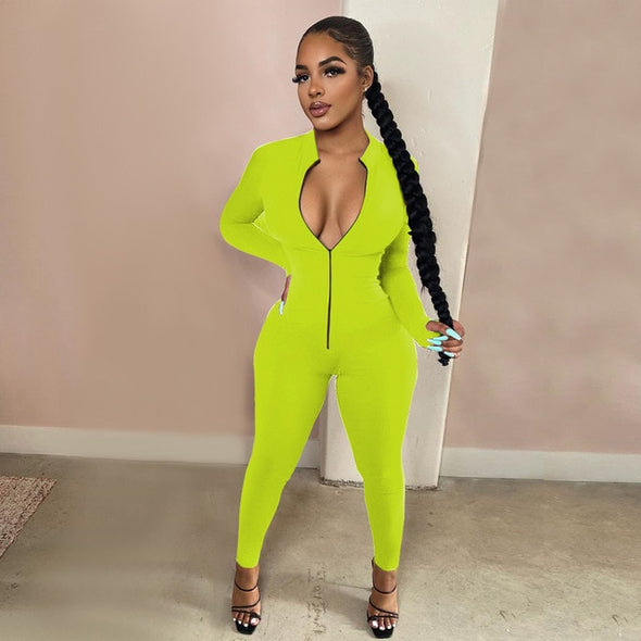 Sexy Solid Color Long Sleeve Deep V Bodycon Rompers Womens Jumpsuit Sport Suit Fashion Zip Up Long Pants Overalls Fitness Set