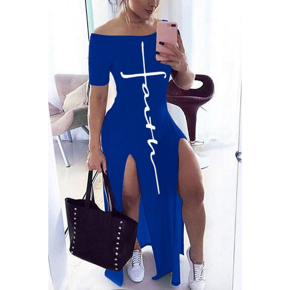 Letter Pattern Off Shoulder Split Maxi Dress Women Fall Winter 2020 Short Sleeve Sheath Casual Fashion Sexy Club Long Dresses