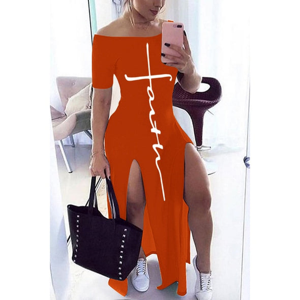 Letter Pattern Off Shoulder Split Maxi Dress Women Fall Winter 2020 Short Sleeve Sheath Casual Fashion Sexy Club Long Dresses
