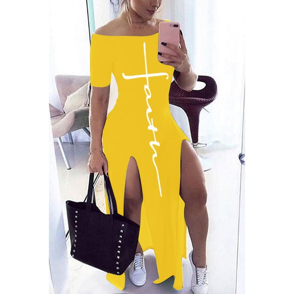 Letter Pattern Off Shoulder Split Maxi Dress Women Fall Winter 2020 Short Sleeve Sheath Casual Fashion Sexy Club Long Dresses
