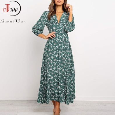 Women Chiffon Long Dress Floral Print Lantern Sleeve A-line Maxi Vestidos Autumn New Elegant Vintage V Neck Winter Dresses