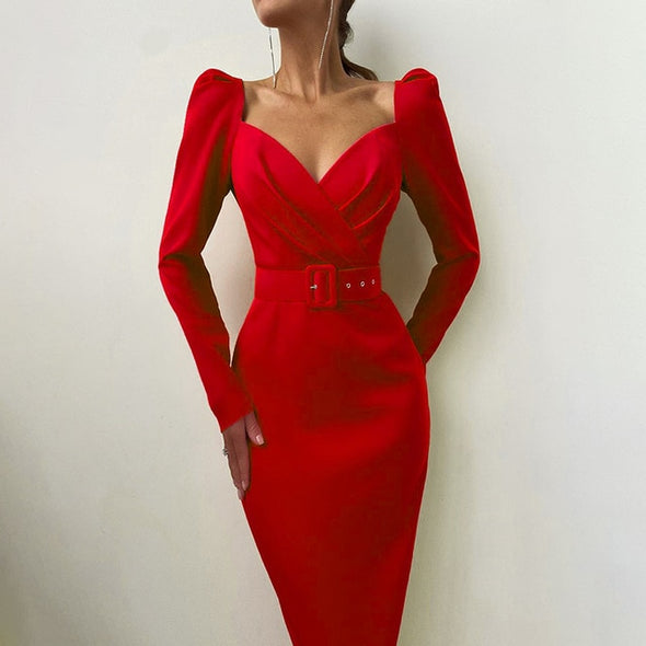 InstaHot Elegant Party Women Dress Slim V Neck Long Sleeve Mid Calf Pencil Dress 2020 Casual Office Lady Solid Red Puff Sleeve