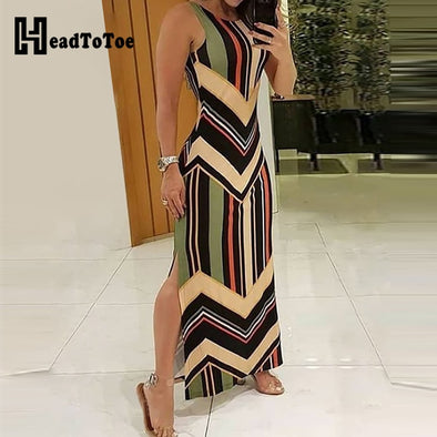 Colorful Striped Print Side Slit Maxi Dress Women Colorblock Sleeveless Slim Long Dresses