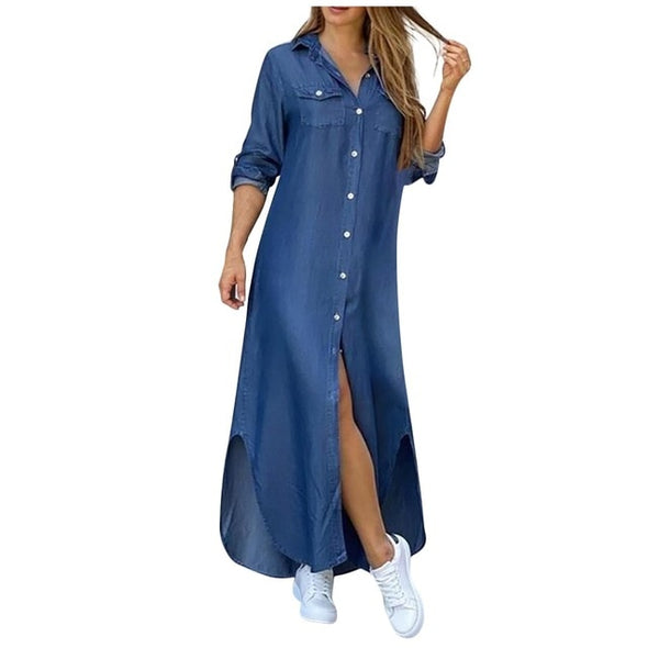 Autumn Long Dress Long Sleeve Shirt Dress Women Denim Long Dresses Pocket Button Shirt Print Dress Casual Loose Dresses 2021